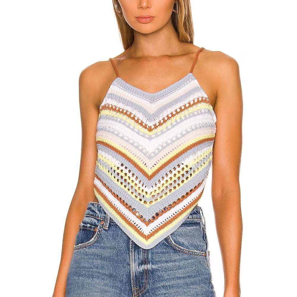 525 Fauxchet crochet cropped cami top blouse chevron blue pink knit shirt Small